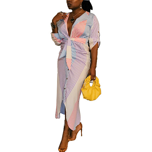 Single Breasted Patchwork Stripe Print Shirt Dress ZAND-31228