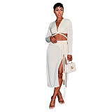 Long Sleeves Bandage Crop Top Slit Skirts 2 Pieces Set YF-10225