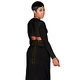 Long Sleeves Bandage Crop Top Slit Skirts 2 Pieces Set YF-10225