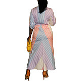 Single Breasted Patchwork Stripe Print Shirt Dress ZAND-31228