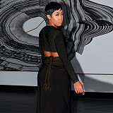 Long Sleeves Bandage Crop Top Slit Skirts 2 Pieces Set YF-10225
