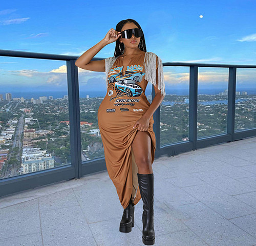 Streetwear Short Sleeve Print Graphics Tassel Dresses OM-1372