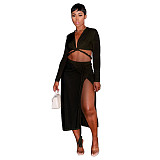 Long Sleeves Bandage Crop Top Slit Skirts 2 Pieces Set YF-10225