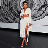 Long Sleeves Bandage Crop Top Slit Skirts 2 Pieces Set YF-10225