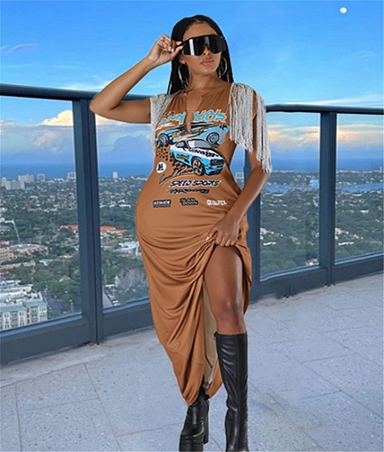 Streetwear Short Sleeve Print Graphics Tassel Dresses OM-1372