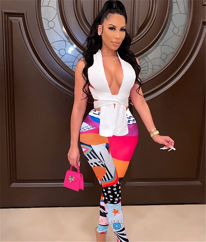 Halter Bandage Crop Top Skinny Print Pants Sets FSX-358