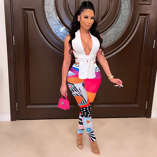 Halter Bandage Crop Top Skinny Print Pants Sets FSX-358