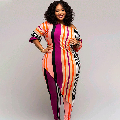 5XL Plus Size Striped Irregular Top Leggings 2 Piece Set TB-5530