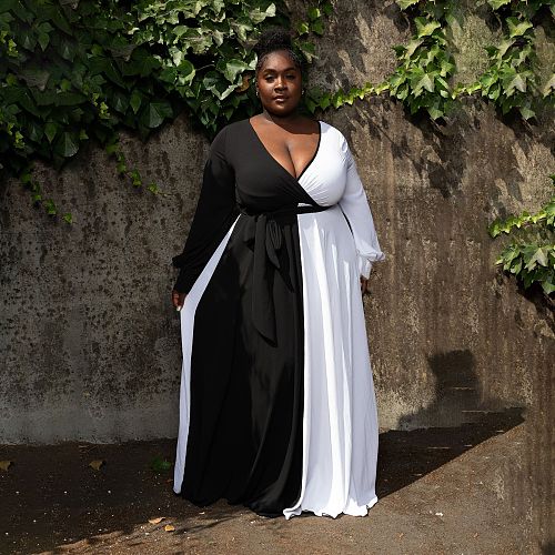 V Neck Color Contrast Plus Size Maxi Dresses TB-5532