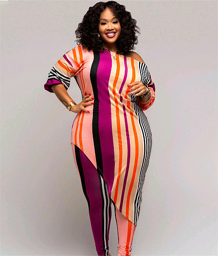 5XL Plus Size Striped Irregular Top Leggings 2 Piece Set TB-5530