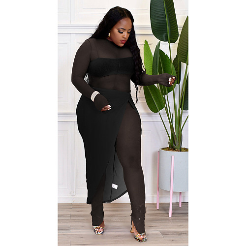 Sheer Mesh Long Sleeve Jumpsuit Cover Up Skirt Sets ASL-6596