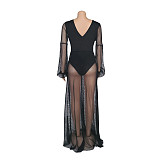 Long Sleeve See-through Mesh Patchwork Bodysuits Dresses AIL-222