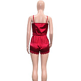 Solid Lace Trim Camis Top Shorts Pajama Set SH-390386