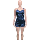 Solid Lace Trim Camis Top Shorts Pajama Set SH-390386