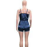 Solid Lace Trim Camis Top Shorts Pajama Set SH-390386