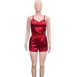 Solid Lace Trim Camis Top Shorts Pajama Set SH-390386