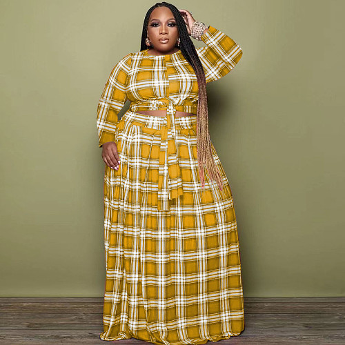 5XL Plaid Print Bandage Crop Top+Skirts Outfits OSS-22425