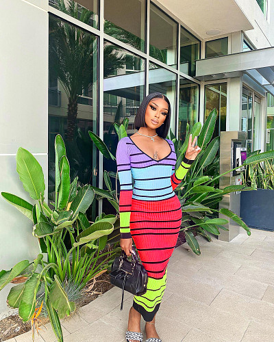 Striped Long Sleeve High Waist Backless Lace Up Dress WSM-5330