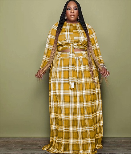 5XL Plaid Print Bandage Crop Top+Skirts Outfits OSS-22425