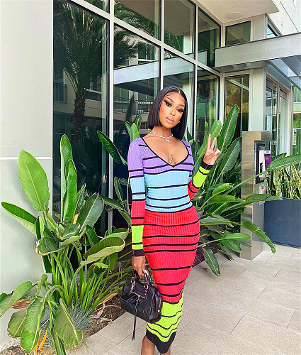 Striped Long Sleeve High Waist Backless Lace Up Dress WSM-5330