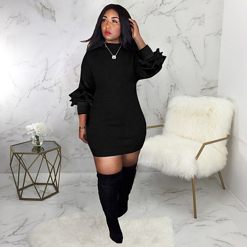 Black O Neck Ruffles Long Sleeve Casual Dresses LSD-8511