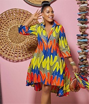 Streetwear Loose Printed Long Sleeve Irregular Shirt Dress MUX-6115