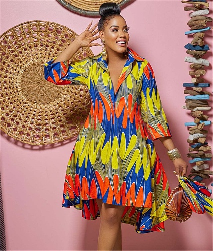Streetwear Loose Printed Long Sleeve Irregular Shirt Dress MUX-6115