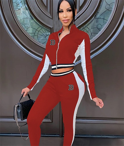 Patchwork Zipper Jacket Top Joggers Pants Sweatsuit XING-155