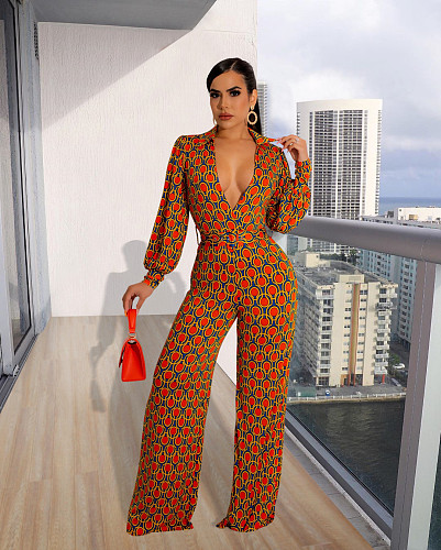 Deep V Long Sleeve Print Wide Leg Jumpsuits MUX-6113