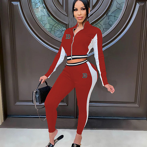 Patchwork Zipper Jacket Top Joggers Pants Sweatsuit XING-155