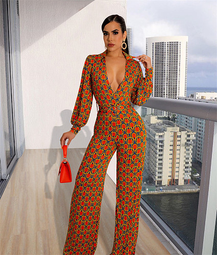 Deep V Long Sleeve Print Wide Leg Jumpsuits MUX-6113