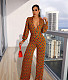 Deep V Long Sleeve Print Wide Leg Jumpsuits MUX-6113