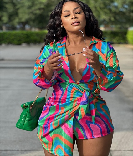 Satin Abstract Print Long Sleeve Shirt Dresses JZH-8116