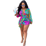 Satin Abstract Print Long Sleeve Shirt Dresses JZH-8116