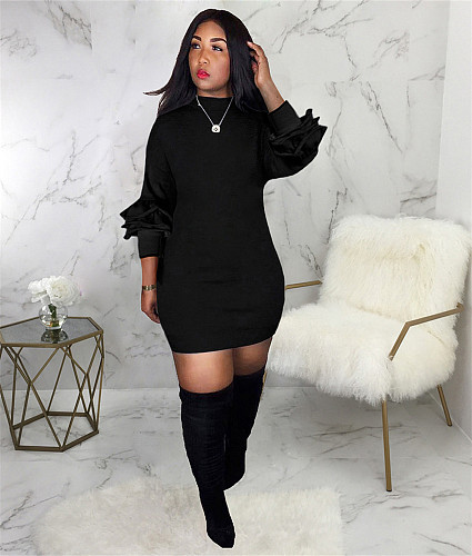 Black O Neck Ruffles Long Sleeve Casual Dresses LSD-8511