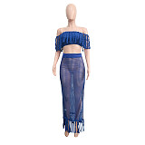 Tassel Fishnet Mesh Crop Top And Split Long Skirt Sets SH-390378