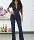 Short Sleeve Button Down Straight Denim Jumpsuit LX-3532
