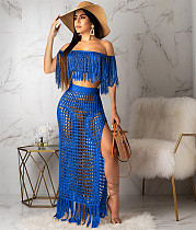 Tassel Fishnet Mesh Crop Top And Split Long Skirt Sets SH-390378