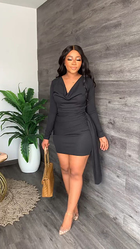V Neck Long Sleeve Bodycon Irregular Mini Dress YS-825