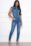 Short Sleeve Single-breasted Slim Blue Jeans Jumpsuit LX-3531