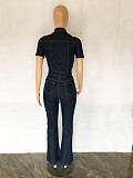 Short Sleeve Button Down Straight Denim Jumpsuit LX-3532