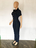 Short Sleeve Button Down Straight Denim Jumpsuit LX-3532