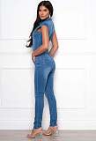 Short Sleeve Single-breasted Slim Blue Jeans Jumpsuit LX-3531