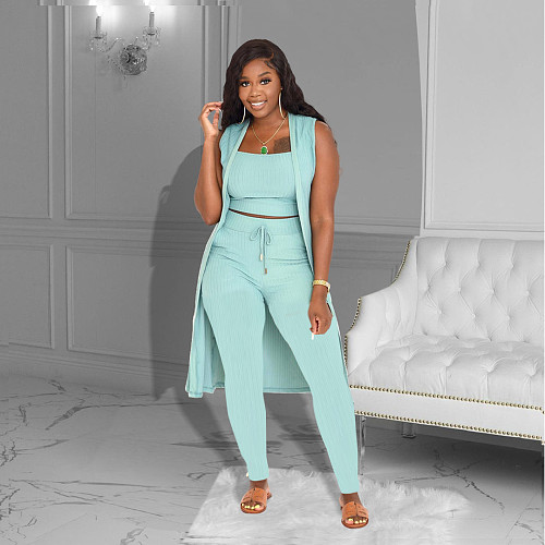 Rib Sleeveless Cardigan+Crop Top+Pants 3 Piece Set ZAND-31227
