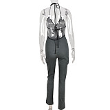 Cleavage Lace Up Zipper Halter Backless Jumpsuits BANT-6464