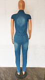 Short Sleeve Single-breasted Slim Blue Jeans Jumpsuit LX-3531