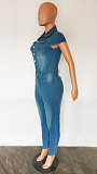 Short Sleeve Single-breasted Slim Blue Jeans Jumpsuit LX-3531