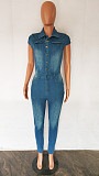 Short Sleeve Single-breasted Slim Blue Jeans Jumpsuit LX-3531