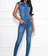 Short Sleeve Single-breasted Slim Blue Jeans Jumpsuit LX-3531