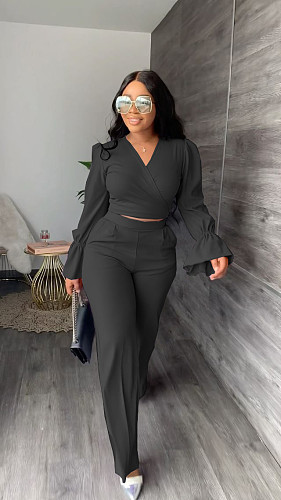 Flare Sleeve Crop Top And Wide Leg Pants Sets YS-826